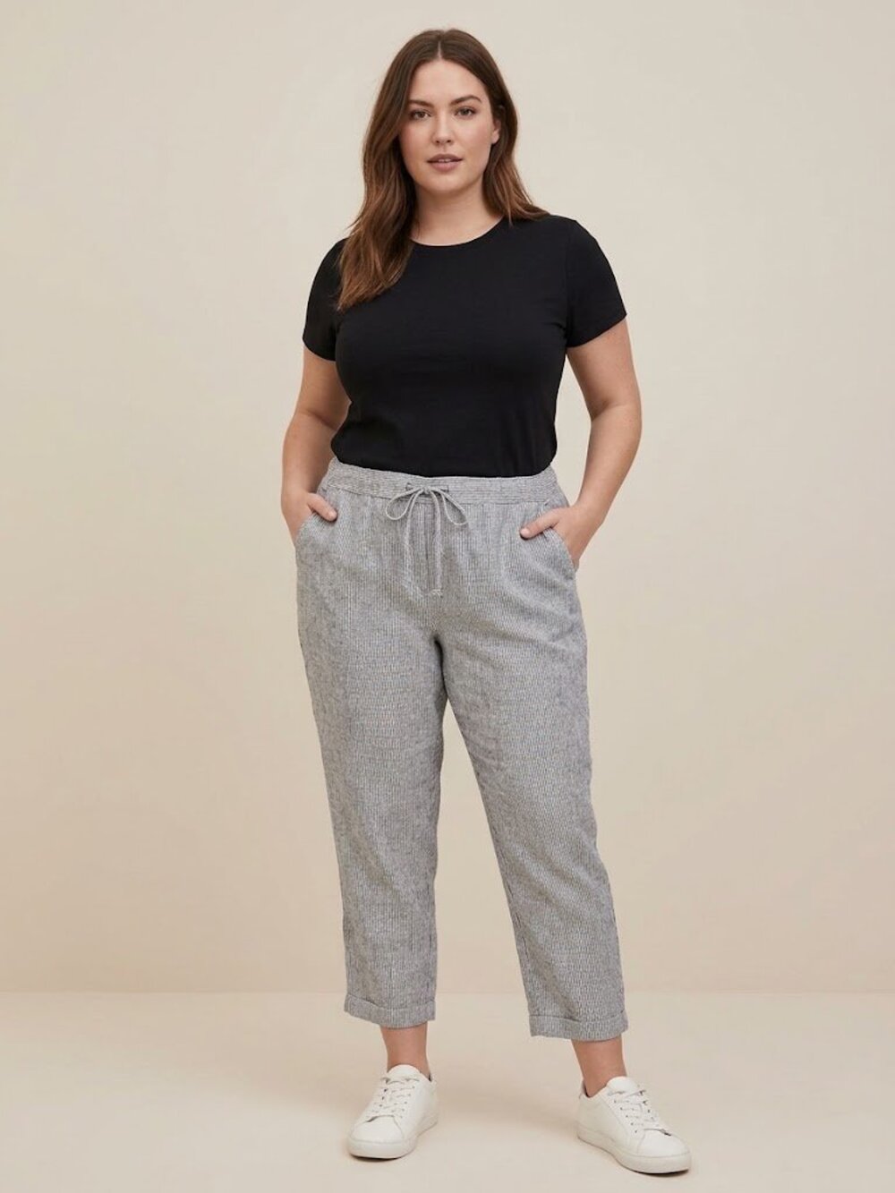 GAP Gray And White Striped Cropped Drawstring Linen-Blend Pants